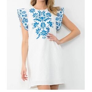 THML Flutter Sleeve Embroidered Dress Boho Resort Beach White/Blue Size XS